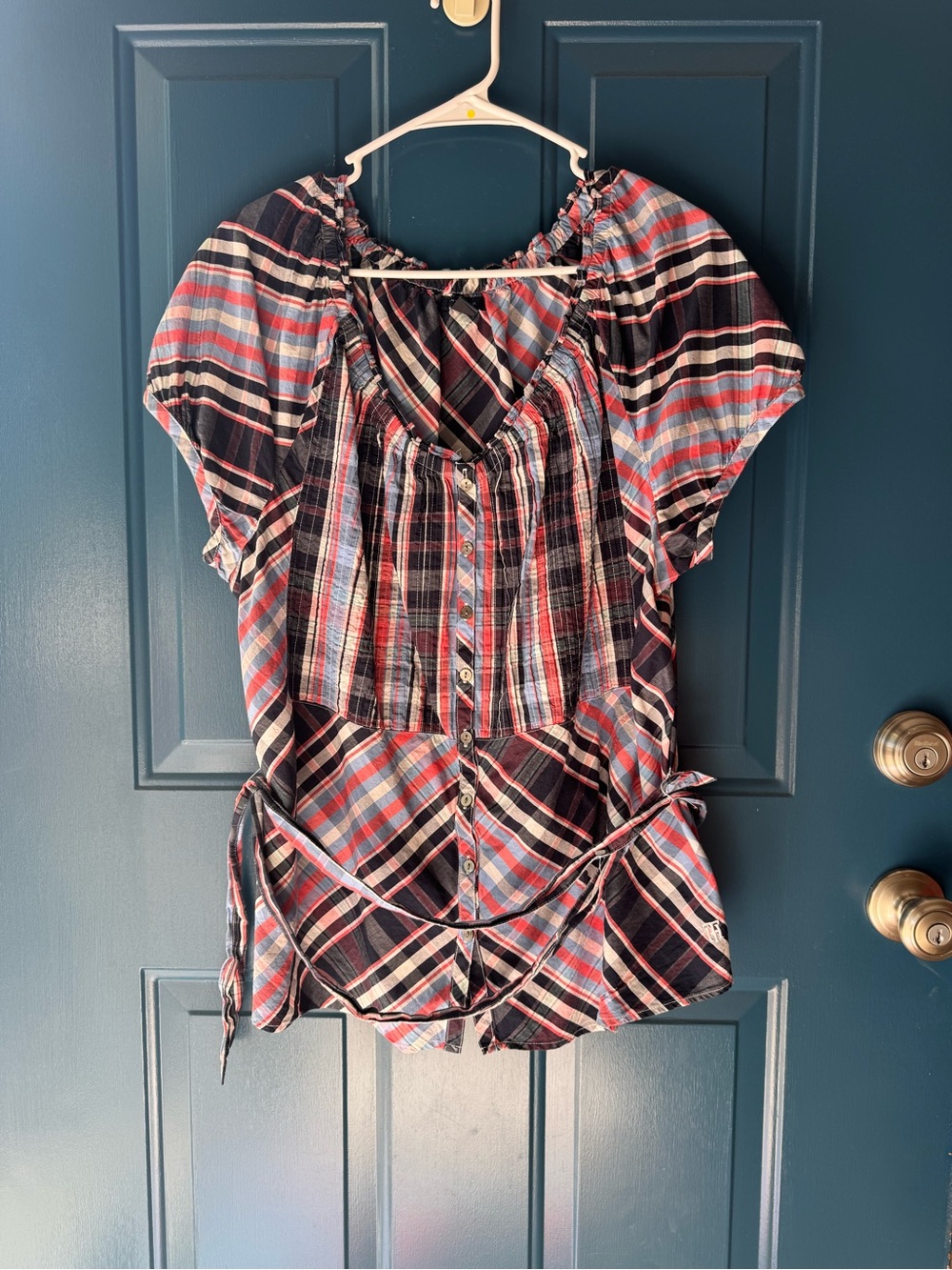 Tommy Hilfiger Plaid Peasant Tunic in Navy, Red, White